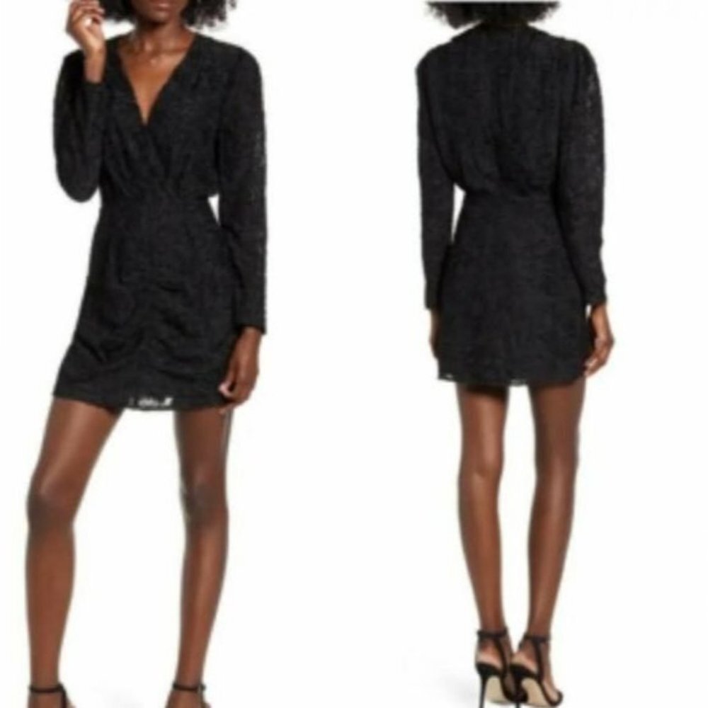 NWT WAYF Rae Puff Sleeve Rouche‎ Textured Mini Dres - Picture 2 of 14